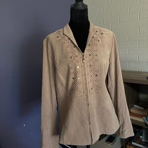 Studio I Taupe Suede Zip-Front Jacket with Embroidered Detail